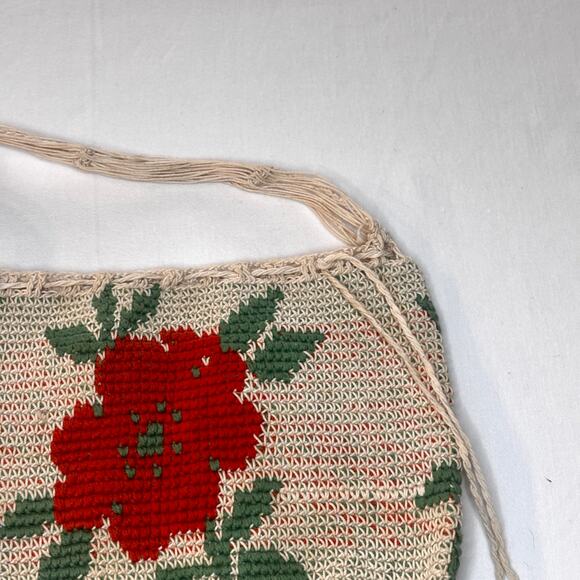 Antique 1920s Macrame Crochet Drawstring Purse Orange Flower Crossbody Tassels - Picture 13 of 16